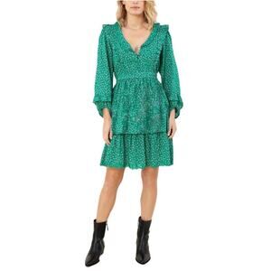NWT HALE BOB Women’s Green Printed Lace Trim Tiered Mini Dress medium